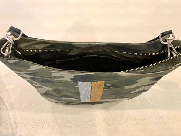 Silver Gold Stripe Crossbody Bag with Orange Green stripe strap