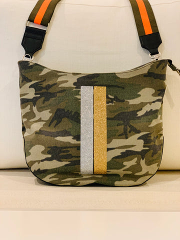 Silver Gold Stripe Crossbody Bag with Orange Green stripe strap